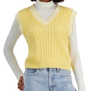 NWT Sugar Moon Yellow Knit V Neck Vest White Trim Pullover Extra Small